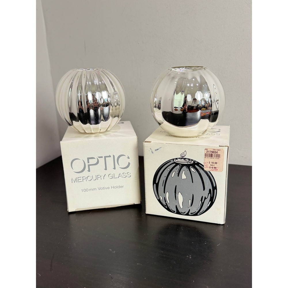 Dept 56 Optic Mercury Glass Votive Holder Set of 2 Handblown Silver 100mm